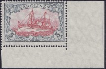 Deutschland
Deutsche Auslandspostämter und Kolonien
5 Mark Freimarke 1915, mit Wasserzeichen 1, postfrisch aus der rechten unteren Bogenecke, Kabine...