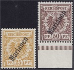 Deutschland
Deutsche Auslandspostämter und Kolonien
25 Pf. und 50 Pf. Freimarken 1900, zwei postfrische Werte in Kabinetterhaltung. **