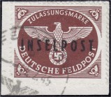 Deutschland
Feldpostmarken
Insel Rhodos Zulassungsmarke 1944, gestempelt auf Briefstück, signiert Rungas.
