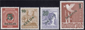 Deutschland
Berlin
Grünaufdruck 1949, kompletter Satz in postfrischer Kabinetterhaltung, jeder Wert geprüft Schlegel BPP. Mi. 250,-€.