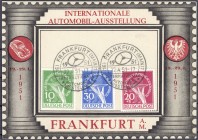 Deutschland
Berlin
Währungsgeschädigte 1949, sauber gestempelter Satz auf Schmuckkarte, 30 Pf. mit Plattenfehler I. Mi. 880,-€. gestempelt