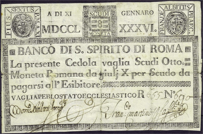 Ausland
Italien-Kirchenstaat
Banco di S. Spirito di Roma: 8 Scudi 9.1.1786. 3 ...