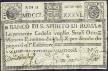 Ausland
Italien-Kirchenstaat
Banco di S. Spirito di Roma: 8 Scudi 9.1.1786. 3 handschr. Unterschriften. III-IV, selten