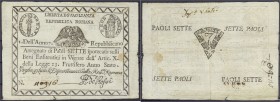 Ausland
Italien-Kirchenstaat
Prima Republica Romana, Assegnato zu 7 Paoli anno 7 (1798). Rs. dreieckiges Wertsiegel. III, kl. übl. Löcher durch Papi...