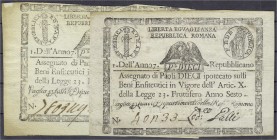 Ausland
Italien-Kirchenstaat
Prima Republica Romana, 2 X Assegnato zu 10 Paoli anno 7 (1798). 1 X dreieckiges und 1 X rechteckiges Wertsiegel auf Rs...