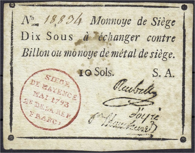 Altdeutschland
Mainz Festung (Belagerungsgeld)
10 Sous Mai 1793. Mit 3 Faksimi...