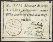Altdeutschland
Mainz Festung (Belagerungsgeld)
10 Sous Mai 1793. Mit 3 Faksimile-Unterschr., Zusatz "S.A." (Serie A) II, leichte Flecke, selten