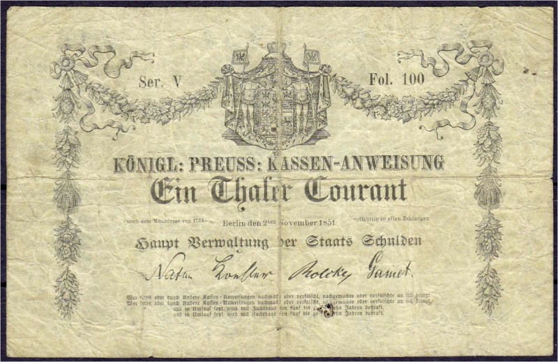 Altdeutschland
Preußen
1 Thaler Courant 2.11.1851, Kassen-Anweisung, Berlin. S...