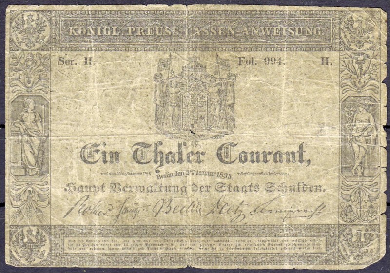 Altdeutschland
Preußen
1 Thaler Courant 2.1.1835, Kassen-Anweisung, Berlin. Se...