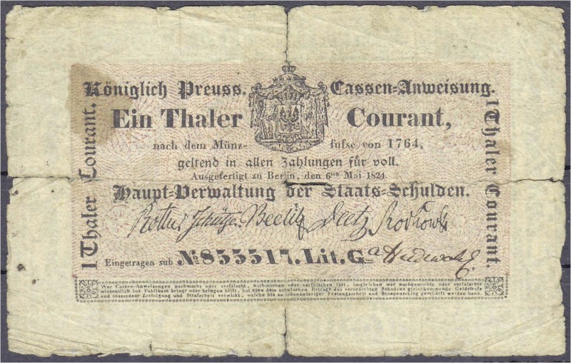 Altdeutschland
Preußen
1 Thaler 6.5.1824, Cassen-Anweisung, Berlin. Lit. G. V,...