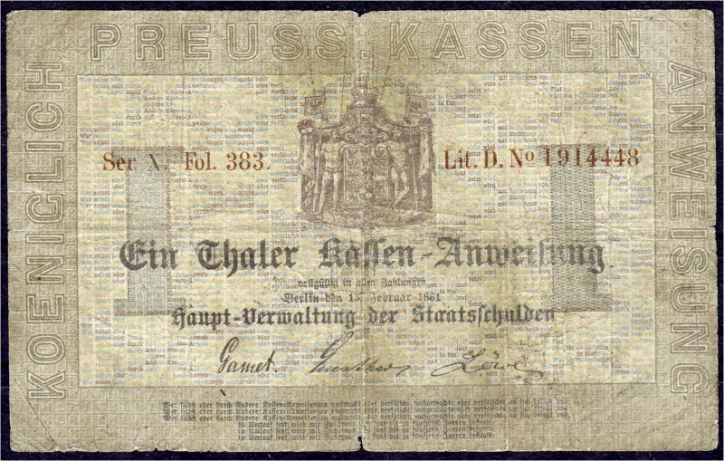 Altdeutschland
Preußen
1 Thaler 13.2.1861, Kassen-Anweisung, Berlin. Serie X. ...