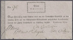 Altdeutschland
Tondern (Schleswig-Holstein)
Stadtkassen-Schein zu 4 Schilling 1812. Papier wasserliniert. III, unten kl. Einrisse, selten