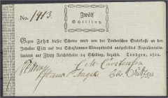 Altdeutschland
Tondern (Schleswig-Holstein)
Stadkassen-Schein zu 12 Schilling 1812. Papier wasserliniert. I-II, selten