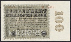 Die deutschen Banknoten ab 1871 nach Rosenberg
Deutsches Reich, 1871-1945
100 Mio. Mark 22.8.1923. Wz. Ringe (Grabowski falsche Wz.-Abb.). KN 5-stel...