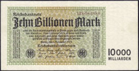 Die deutschen Banknoten ab 1871 nach Rosenberg
Deutsches Reich, 1871-1945
10 Bio. Mark 1.11.1923. KN 6-stellig, FZ: X braun. II, selten