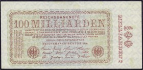 Die deutschen Banknoten ab 1871 nach Rosenberg
Deutsches Reich, 1871-1945
100 Mrd. Mark 5.11.1923. Ohne FZ und BZ. II, leichte Flecke, selten