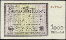 Die deutschen Banknoten ab 1871 nach Rosenberg
Deutsches Reich, 1871-1945
1 Bio. Mark 5.11.1923. KN 8-stellig, Serie C. II-III, min. Fleck