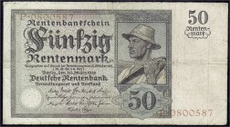 Die deutschen Banknoten ab 1871 nach Rosenberg
Deutsches Reich, 1871-1945
50 Rentenmark 20.3.1925. Serie P. IV, winz Nadellöcher, selten