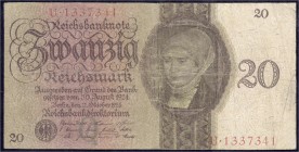 Die deutschen Banknoten ab 1871 nach Rosenberg
Deutsches Reich, 1871-1945
20 Reichsmark 11.10.1924. KN 7-stellig, Serie U. IV, selten