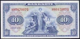 Die deutschen Banknoten ab 1871 nach Rosenberg
Westliche Besatzungszonen und BRD, ab 1948
10 Deutsche Mark, Serie 1948. Serie H/G. I-, selten in die...