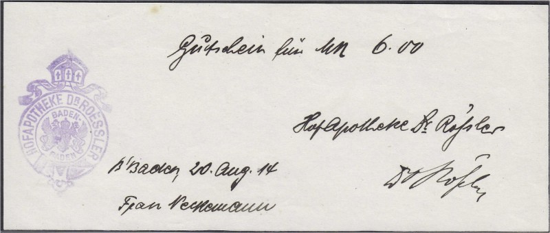 Deutsches Notgeld und KGL
Baden-Baden (Baden)
Hofapotheke Dr. Rössler, 6 Mark,...