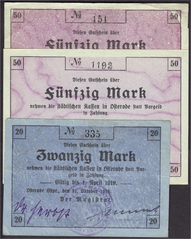 Deutsches Notgeld und KGL
Osterode (Ostpreußen)
3 Scheine: 31.10.1918. 20 Mark...