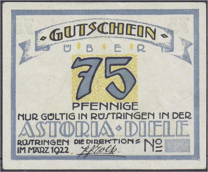 Deutsches Notgeld und KGL
Rüstringen (Niedersachsen)
Astoria-Diele 75 Pfg. ohn...