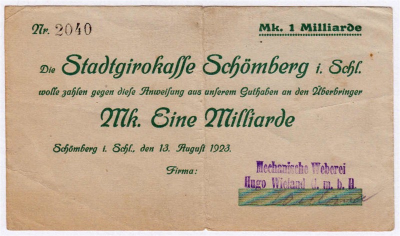 Deutsches Notgeld und KGL
Schömberg (Schlesien)
Mechanische Weberei Hugo Wiela...