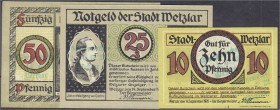 Deutsches Notgeld und KGL
Wetzlar (Rheinland)
3 Scheine: 10, 25, 50 Pfg., mit grünem Frakturstempel 'Goethe Woche' 12.- 14.9.1922. I-