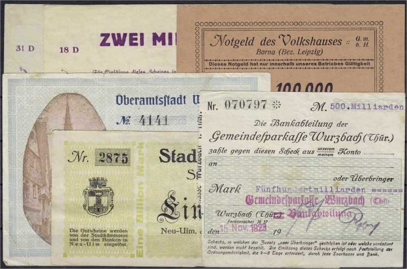 Lots
Deutschland
6 bessere Infla-Scheine: 100 T. Mark des Volkshauses Borna (b...