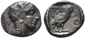 ATTICA.Athens.Circa 454-404 BC.AR Tetradrachm

Obverse : Helmeted head of Athena right
Reverse : AΘE; owl standing right, head facing; olive sprig and...