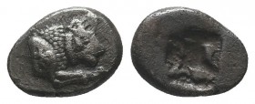 CARIA, Uncertain. Circa 500 BC. AR Sixth Stater. Forepart of lion right, symbol on shoulder / Incuse square punch. SNG Keckman –; Karl –; cf. SNG von ...