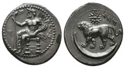 Cilicia, Tarsos AR Stater. Mazaios, satrap of Cilicia and Cappadocia, circa 361-334 BC. Baaltars seated left, torso facing, holding sceptre surmounted...