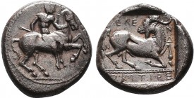 Cilicia, Kelenderis AR Stater. Circa 450-400 BC. Nude youth, holding whip, dismounting from horse rearing right / Goat kneeling right, head left, KELE...