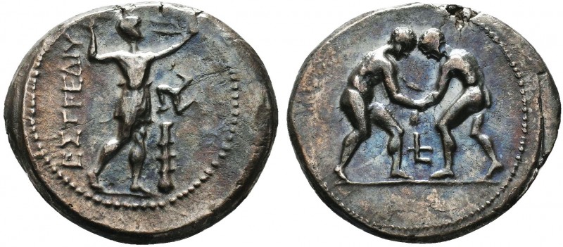Pisidia, Selge. Ca. 325-250 B.C. AR stater. Two wrestlers grappling / Slinger st...