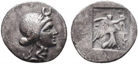 Karia, Stratonikeia AR Drachm. 25 BC-25 AD. Leon, magistrate. Laureate head of Hekate right, crescent above / Nike advancing right holding wreath;

Co...