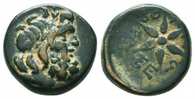 Thraco-Macedonian Tribes. Moriaseis circa 200-100 BC.
Obv: Laureate head of Zeus to right / MOP-IA[ΣEΩN],
Rev: star of six rays.

P.R. Franke: MOPIAΣE...