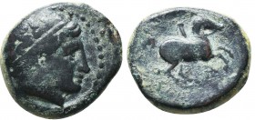 Macedonian Kingdom. Philip II. 359-336 B.C. AE. Diademed head of Apollo right / ΦΙΛΙΠΠΟΥ, Name above naked youth riding horse right, between horse's l...