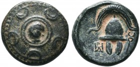 KINGS OF MACEDON. Alexander III 'the Great' (336-323 BC). Ae Unit. Uncertain mint in Asia.
Obv: Macedonian shield; on boss, head of Herakles facing sl...