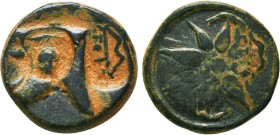 PONTOS. Uncertain. Time of Mithradates VI, circa 130-100 BC. AE. Bashlyk left; to left, bow and ANΔPO. Rev. Eight-rayed star; to left, bow and ANΔPO. ...