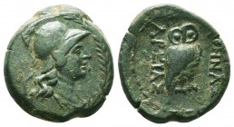 MYSIA. Pergamon. Ae (Circa 133-27 BC).
Obv: Helmeted head of Athena right within wreath.
Rev: Owl standing right, head facing.
Von Fritze, Pergamon 28...