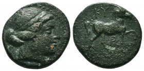 AEOLIS. Kyme. Circa 250-200 BC. AE. .... magistrate. Diademed head of the Amazon Kyme to right. Rev. KYMAI/ΩN - ΠYΘAΣ Horse prancing right; one-handle...