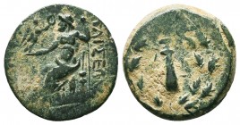 CILICIA. Tarsos. 164-27 BC. AE. Club tied with fillets, within oak wreath. Rev. ΤΑΡΣΕΩΝ / Zeus seated left on throne, holding Nike in his right hand a...