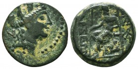CILICIA. Tarsos. Ae (164-27 BC)
Obv:Turreted head of Tyche right
Rev: Zeus seated left on throne, holding sceptre; two monograms to right.
SNG France ...
