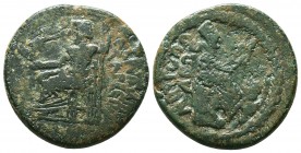 CILICIA, Tarsos. 164-27 BC. Æ. Arsakes and Tenonzos, magistrates. Tyche seated right, holding grain ear; APC/AKO/Y in three lines to left; below, rive...