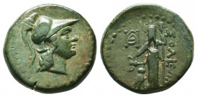CILICIA. Soloi. Ae (Circa 100-30 BC).
Obv: Helmeted head of Athena right.
Rev: Dionysos standing facing, wearing bull's horns and holding kantharos an...