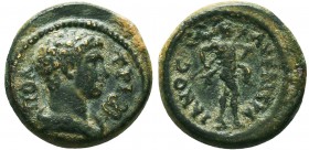 LYDIA. Tripolis. Trajan (98-117). Ae.ΤΡΙΠΟΛ, bare head of Hermes, r.; in front, caduceus / ΑΥ ΚΑΙ ΤΡΑΙΑΝΟϹ, Ares, naked but for chlamys, helmeted, wal...