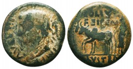 LYCAONIA, Lystra. Augustus. 27 BC-AD 14. Æ . Laureate head left; cornucopia behind / Colonist plowing left with two humped oxen. RPC I 3539. 

Conditi...