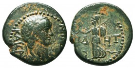 PAMPHYLIA. Side. Nero, 54-68.Bronze. NEPωN KAICAP Laureate head of Nero to right. Rev. CIΔHT Athena advancing left, holding shield with her left hand ...