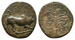 CILICIA, Anazarbos. Philopator I. King of Upper (Eastern) Cilicia, circa 30-28/7 BC. Æ . Bull butting right / Aphlaston; [B]ACIΛЄω[C] upward to left, ...